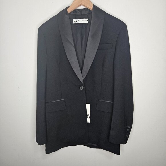 NWT Zara Bloggers Fav Tuxedo Satin Collar Blazer Sz XS Black Dinner 8283/400 - Picture 3 of 10